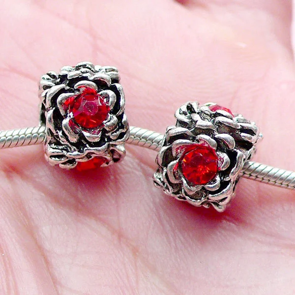 Nail rhinestone dazzle hacks-CLEARANCE Barrel Beads w/ Flower Pattern and Rhinestones (2pcs / 12mm x 9mm / Tibetan Silver & Red) Big Hole Bead European Bracelet Dread Bead CHM2011