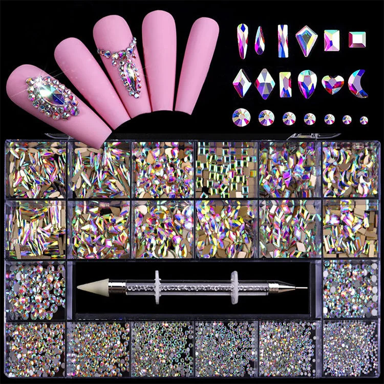 Nail rhinestone jaunt nails-Shiny Crystal AB White Rainbow Nail Art Mix Shape Fancy In Box Flat Bottom Glass Nail Rhinestone Art Decoration Rhinestones