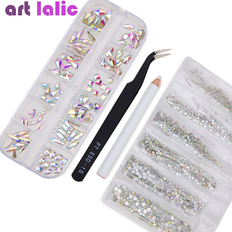 Nail rhinestone wet glow-Crystal Diamond Rhinestones + Curved Black Tweezer + Dotting Pen 2793