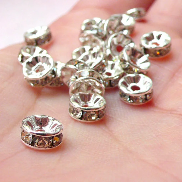 Nail rhinestone base tricks-5mm Rhinestone Rondelle Beads / Bling Round Rondell Spacer (20pcs / Silver with Clear Rhinestones) Bracelet Necklace Wedding Jewelry F154