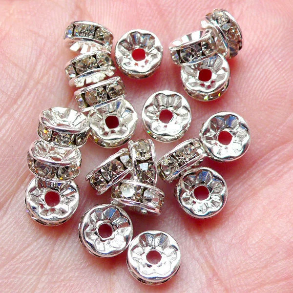 Nail rhinestone kickoff sets-6mm Rondelle Beads with Rhinestones / Bling Round Rondell Spacer (20pcs / Silver with Clear Rhinestones) Bracelet Necklace Wedding Deco F155