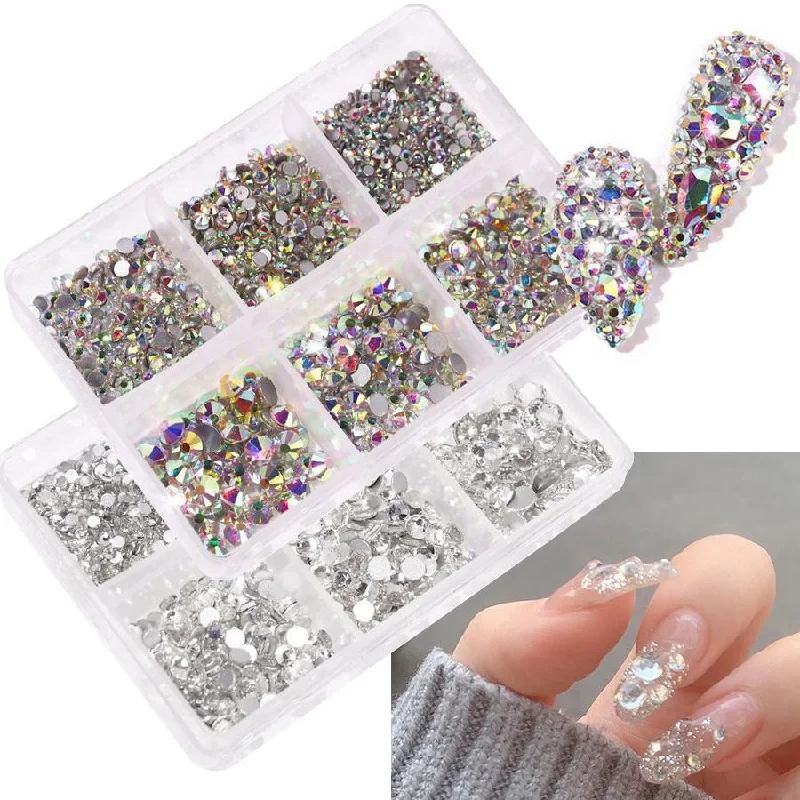 Nail rhinestone slim tweezers-6 Grid Box of Ultra Sparkly Rhinestones, Silver Iridescent Flatback Glass Gems in Mixed Sizes for Nail Art Decoration 3432