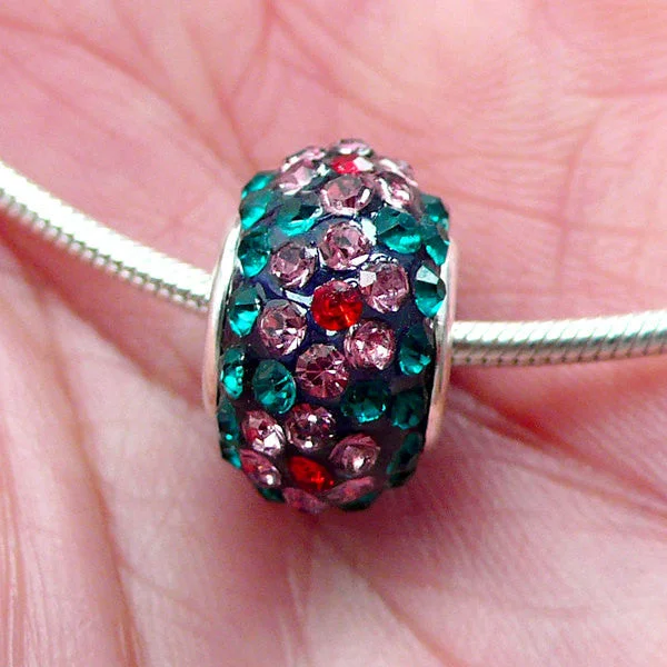 Nail rhinestone sly secrets-Rhinestone Pave Bead w/ Flower Pattern (1 piece / 15mm x 9mm / Blue Green & Pink) Silver Core Large Hole Bead European Bracelet CHM2028