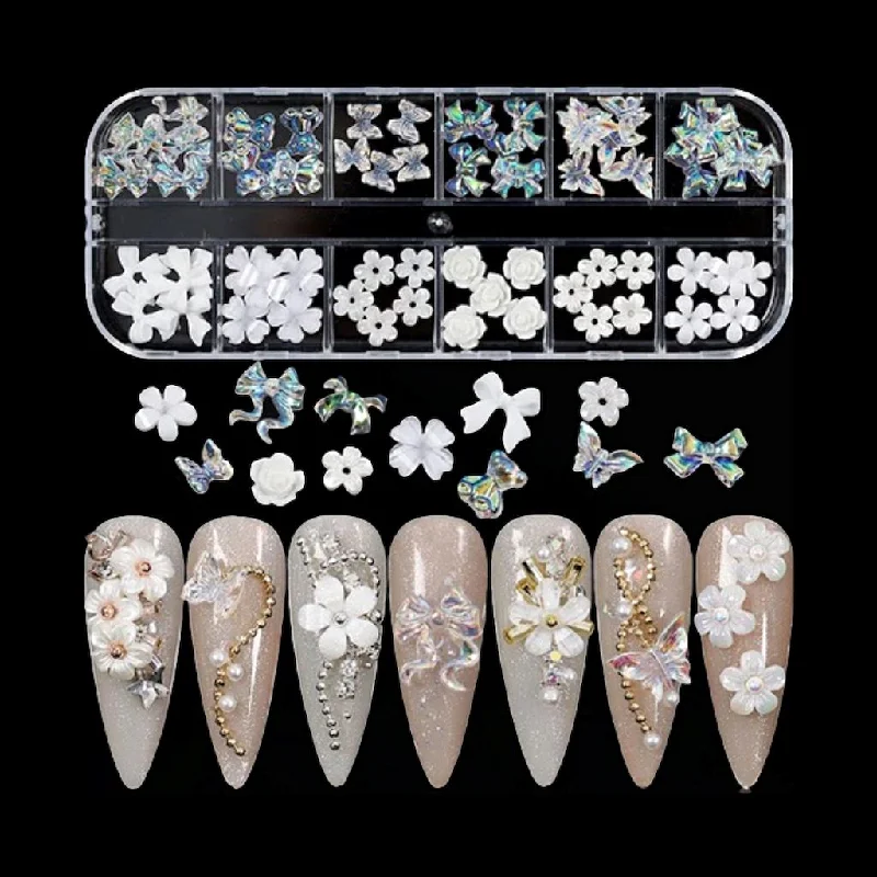 Nail rhinestone clay tones-Aurora and White Bowknots Flowers Butterflies Bear 3D Charms