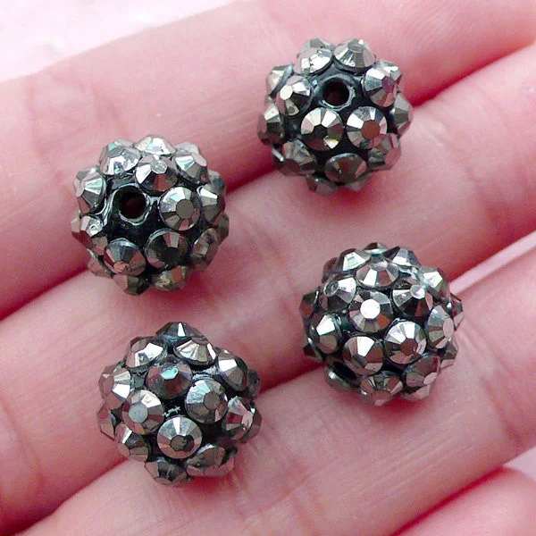 Nail rhinestone gel flair-Acrylic Ball Beads w/ Rhinestones (4pcs / 12mm / Gunmetal) Plastic Loose Beads Pave Bead Sparkle Disco Beads Small Hole Round Bead CHM2009