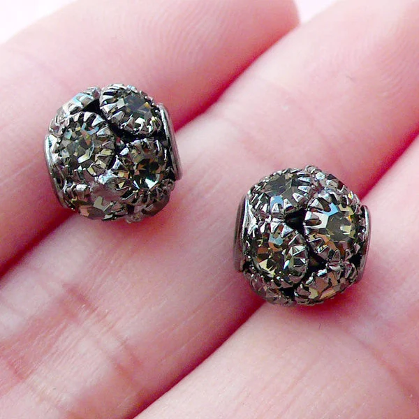 Nail rhinestone fast orders-Crystal Ball Bead / Rhinestone Pave Bead (2pcs / 9mm x 8mm / Gunmetal) Bling Loose Bead Round Focal Bead Bracelet Necklace Earrings CHM2084