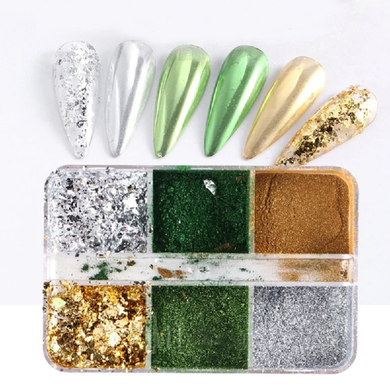 Nail art decoration craft-6 Grids of Mixed Nail Art - Chrome & Foil - 1909-39 - #4 Green