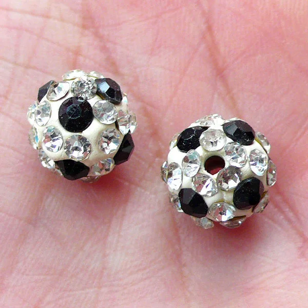 Nail rhinestone ray styles-Disco Bead / Pave Bead / Crystal Clay Bead / Sparkle Ball Bead / Football Beads (2pcs / 10mm / White with Clear & Black Rhinestone) CHM2047