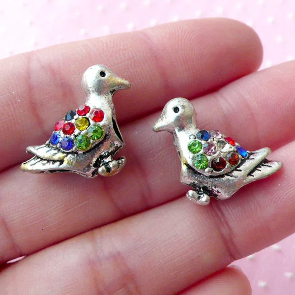 Nail rhinestone snap deals-Rhinestone Bird Beads / Bling Bling Animal Bead (2pcs / 22mm x 15mm / Tibetan Silver / 2 Sided) European Style Large Hole Duck Bead CHM1653