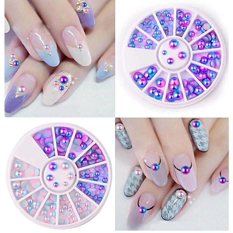 Nail rhinestone chunk styles-Mermaid Half Pearls Mixed Sizes Nail Art Decoration Wheel