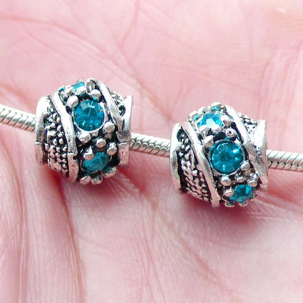 Nail rhinestone jam styles-Barrel Beads w/ Rhinestones (2pcs / 10mm x 9mm / Tibetan Silver & Blue) European Bracelet Large Hole Bead Dreadlock Accessories CHM2055