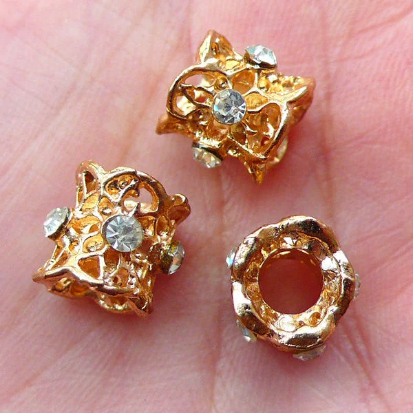 Nail rhinestone raw nails-Gold Filigree Beads w/ Clear Rhinestones (3 pcs / 9mm x 9mm) Intricate Lace Bead Large Big Hole Bead European Bracelet Necklace CHM1708