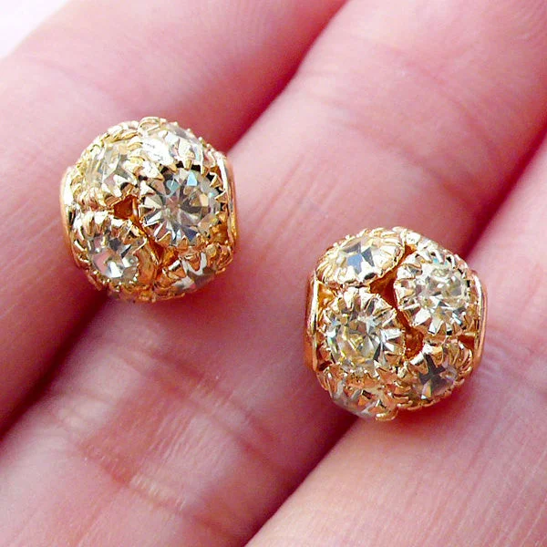 Nail rhinestone bend edges-Rhinestone Ball Bead / Pave Bead (2pcs / 9mm x 8mm / Gold & Clear) Round Loose Bead Crystal Focal Bead Metal Bead Wedding Jewellery CHM2083