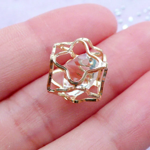 Nail rhinestone lush colors-Crystal Cage Bead | Floating Diamond in Hollow Cube Pendant | Bead Supplies (Gold / 1 piece / 11mm x 15mm)