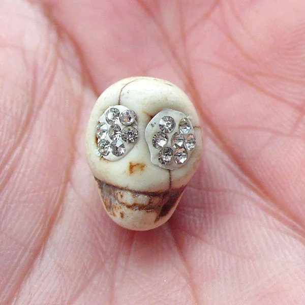 Nail rhinestone tiny kits-Skull Bead with Rhinestones (1 piece / 10mm x 13mm) Halloween Bead Spooky Bracelet Necklace Small Hole Vertical Bead Howlite Bead CHM2048